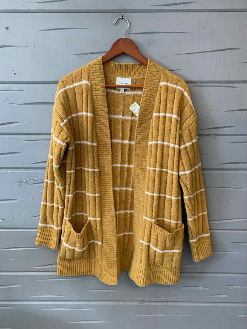 Mustard yellow knit cardigan with white horizontal stripes, open front, and two front pockets, size small.
