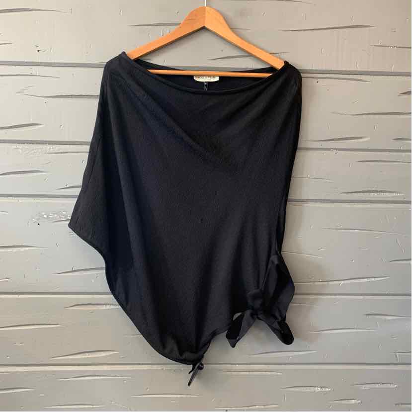 Black Halston Heritage draped top with a wide neckline and gathered side ties.