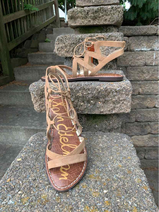 Tan suede wedge sandal with ankle strap and open toe, size 8, by Sam Edelman.