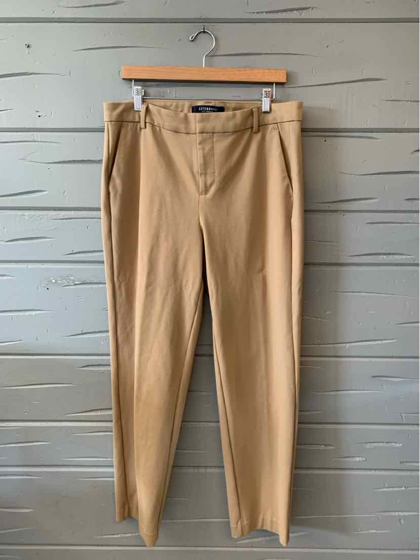 Tan tailored slim-fit trousers with belt loops and front pockets, size 14.