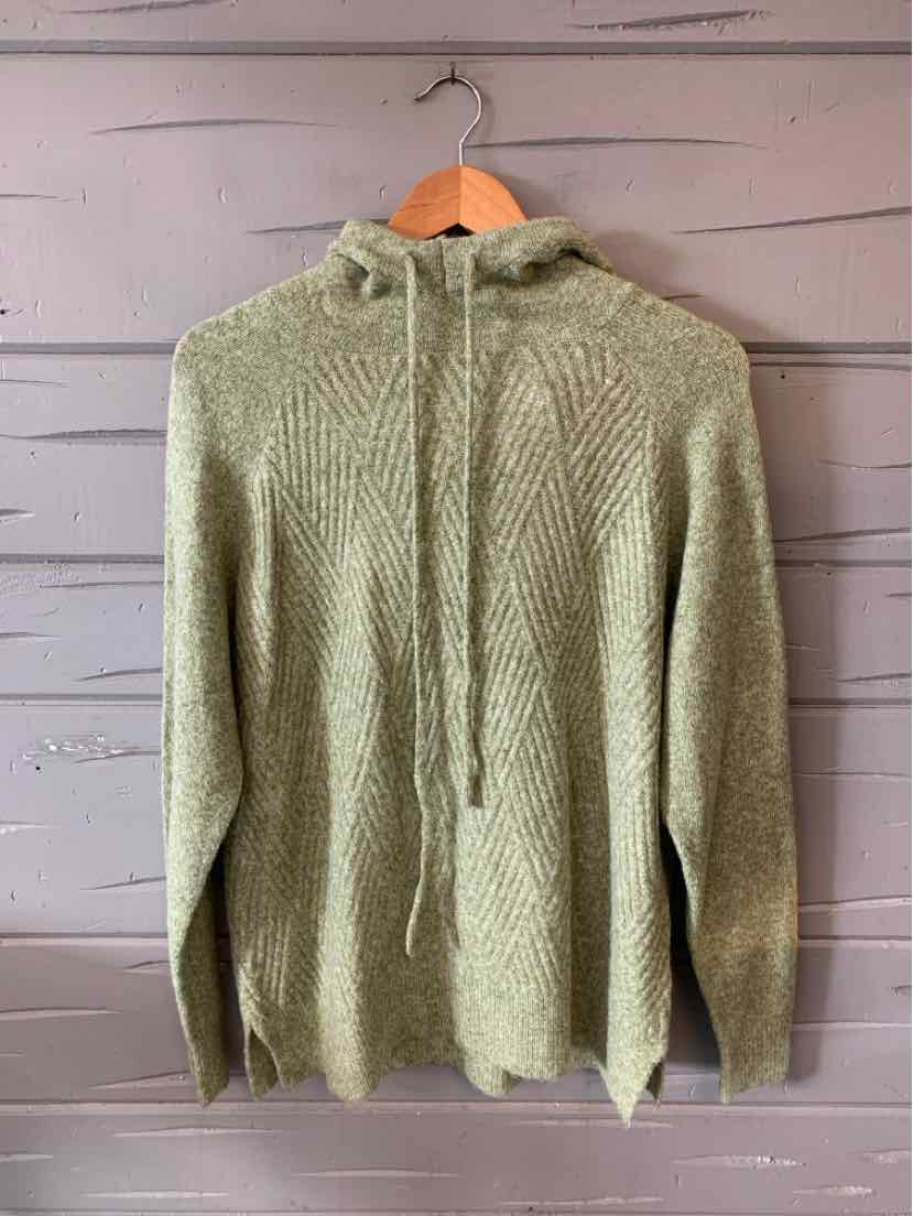 Light green knit hoodie with long sleeves and front kangaroo pocket, medium size.