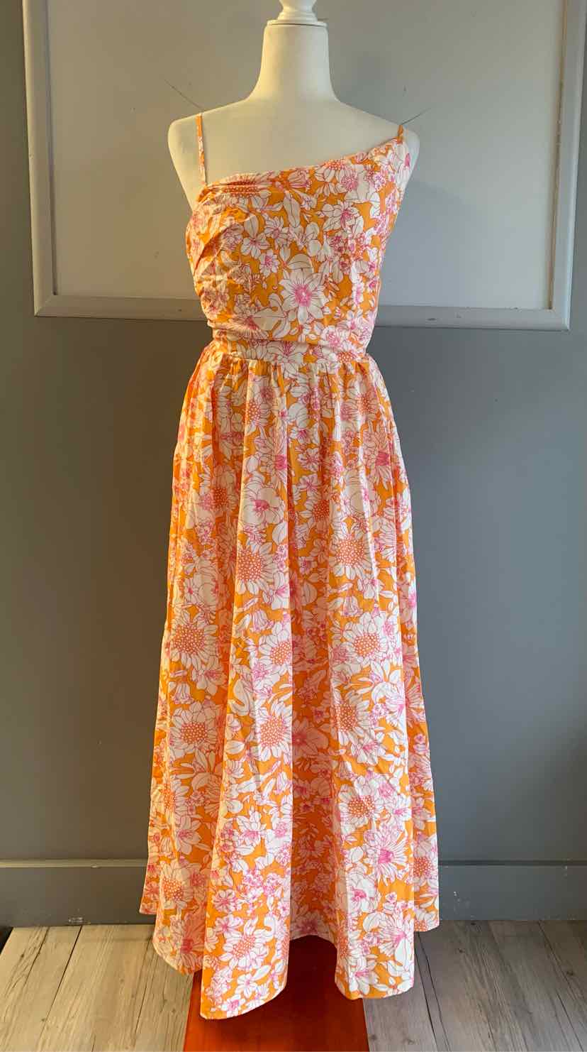 Orange floral one-shoulder midi dress with cinched waist and flowy skirt.