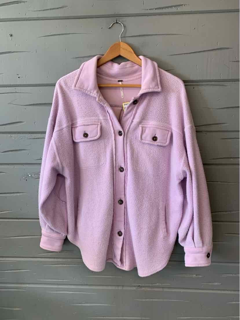 Light lavender button-up shirt jacket with two chest pockets and a relaxed fit.