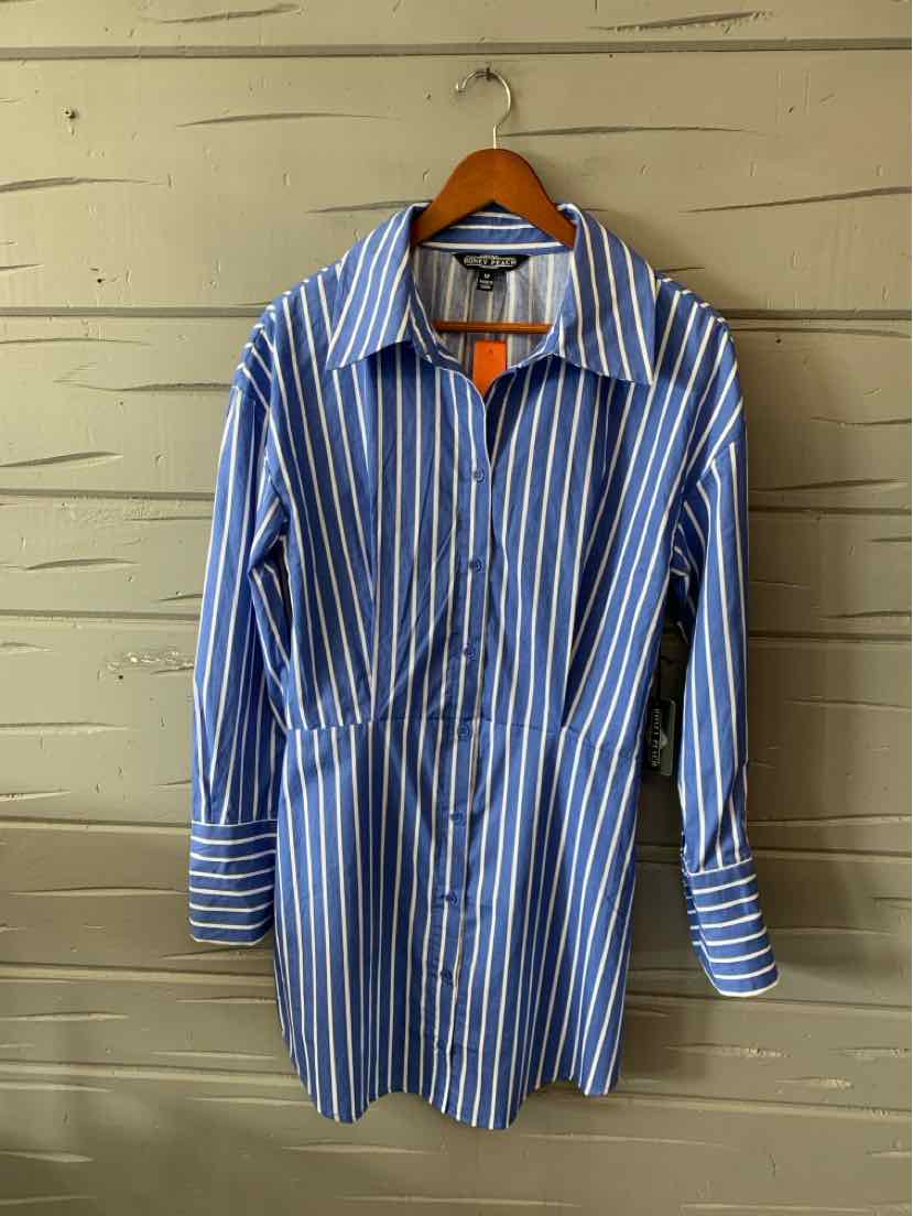 Blue and white vertical striped medium-length shirt dress with long sleeves and pointed collar on wooden hanger.