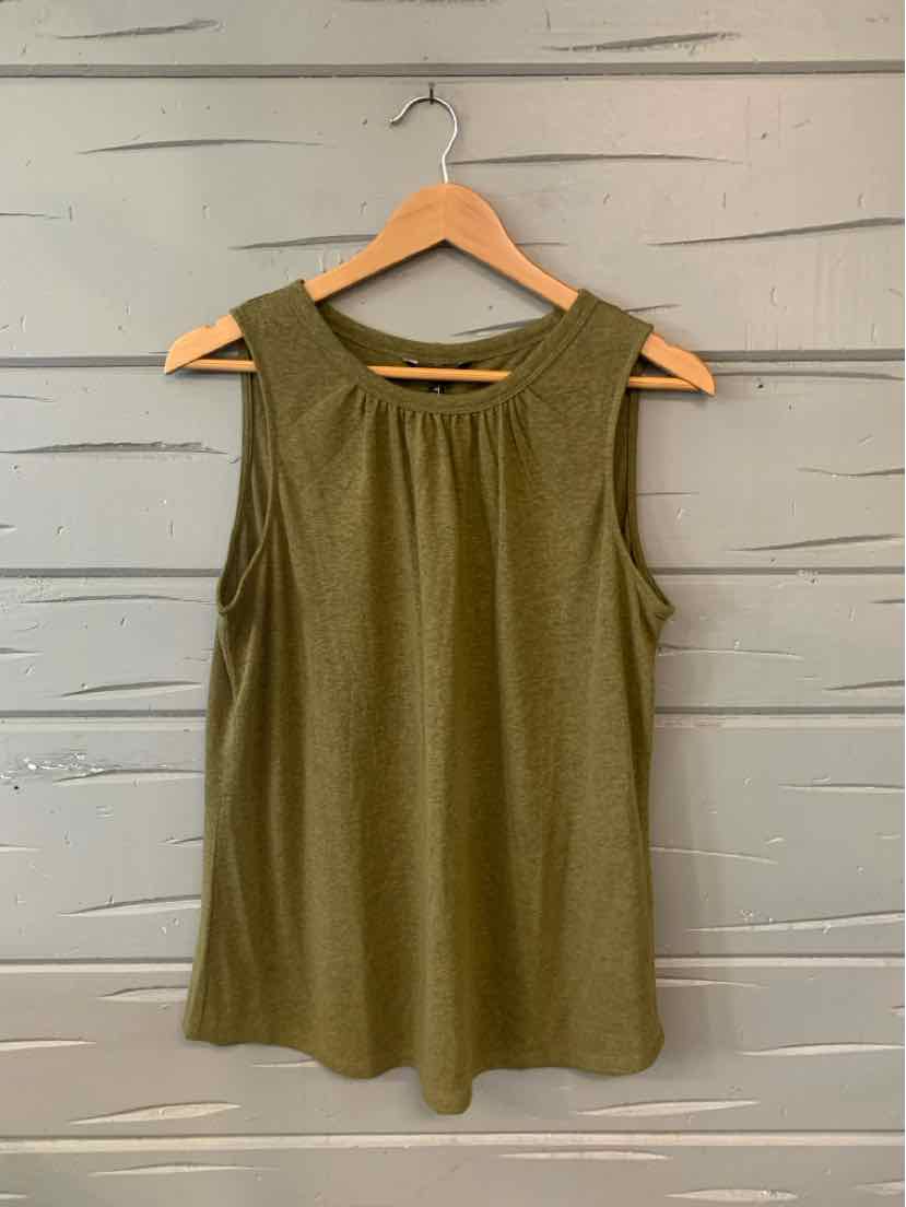 Olive green sleeveless scoop neck top with subtle gathered detail at neckline.
