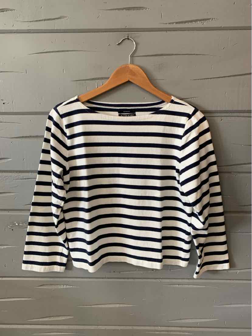 White long-sleeve shirt with navy horizontal stripes, crew neckline, relaxed fit, medium size.