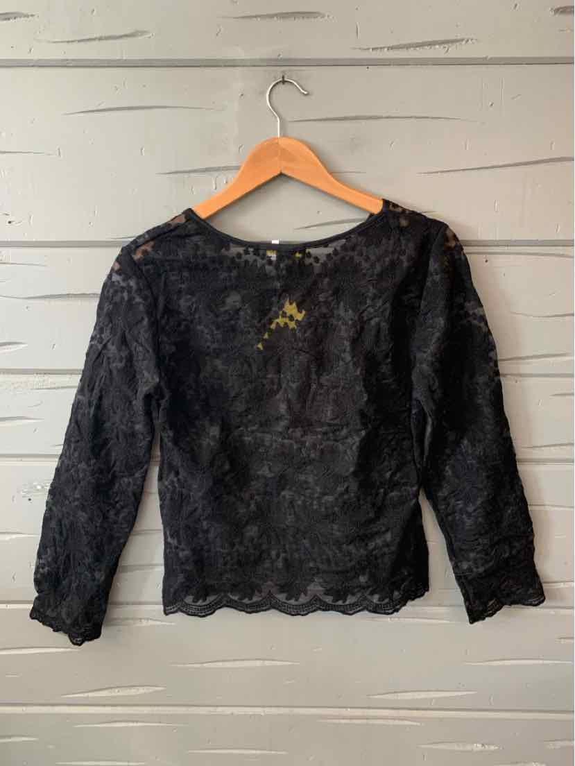 Black long-sleeve lace blouse with scalloped hem and round neckline, small size.