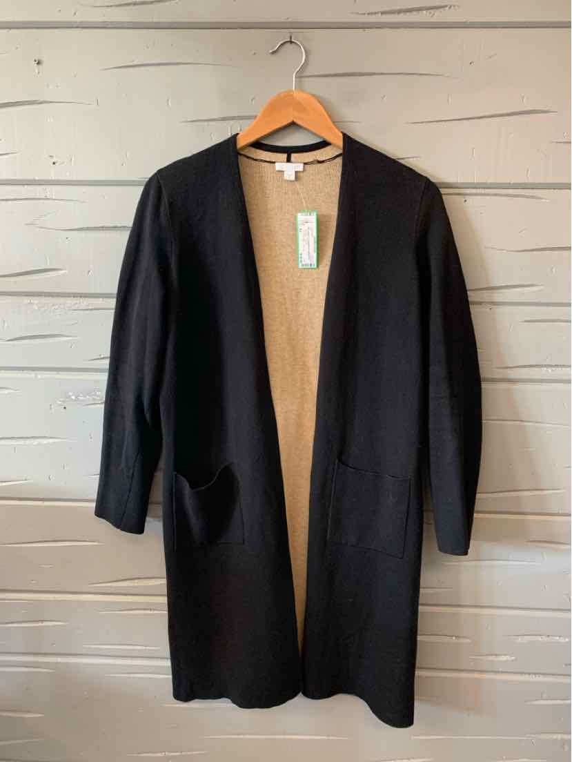 Black open-front long cardigan with two front pockets, lightweight knit, size XS.