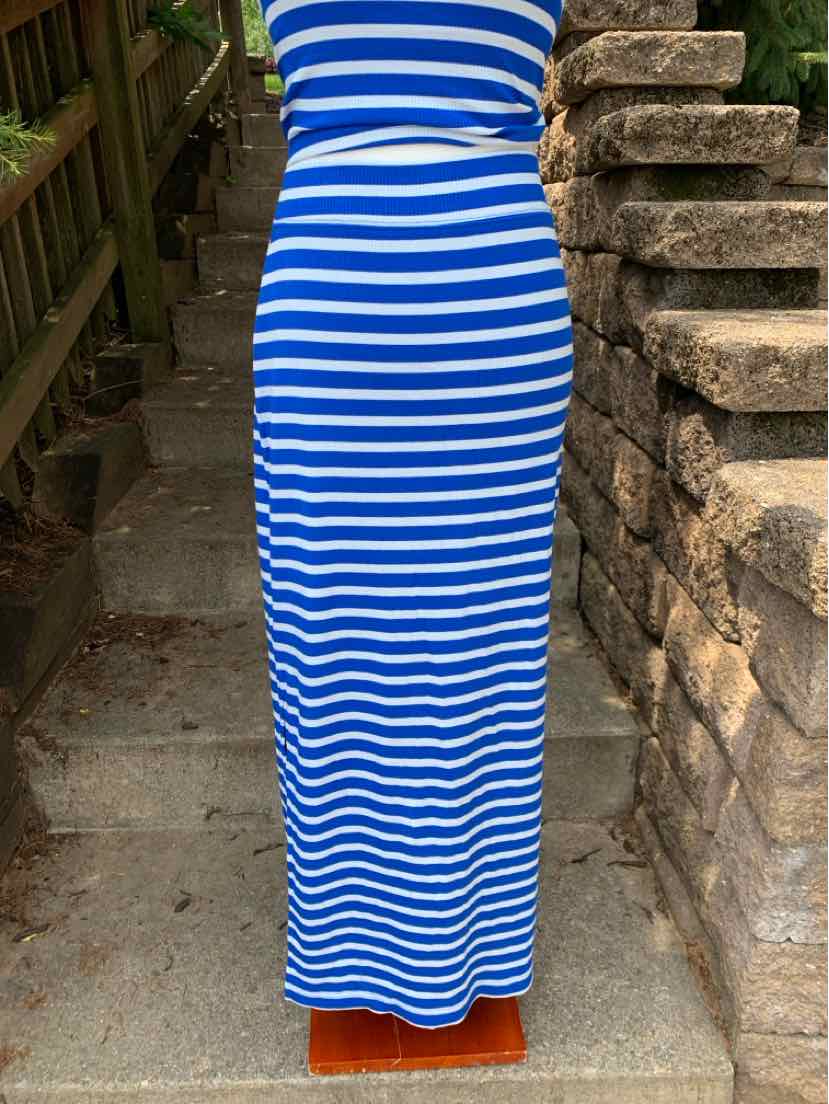 Blue and white horizontal striped fitted maxi dress with sleeveless design.