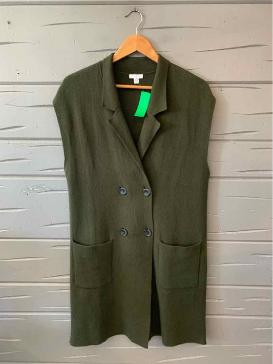 Olive green sleeveless knit cardigan with lapel collar, double-button front, and two front pockets.