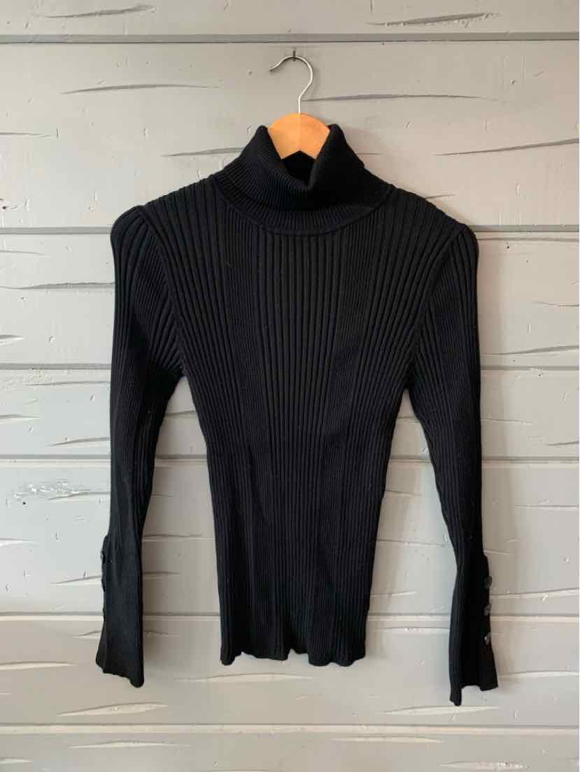 Black ribbed knit turtleneck sweater with long sleeves and fitted silhouette in large size.