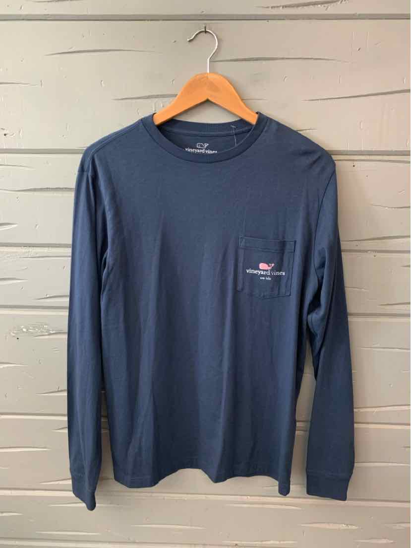 Navy blue long-sleeve shirt with small chest pocket featuring a white and red graphic logo.