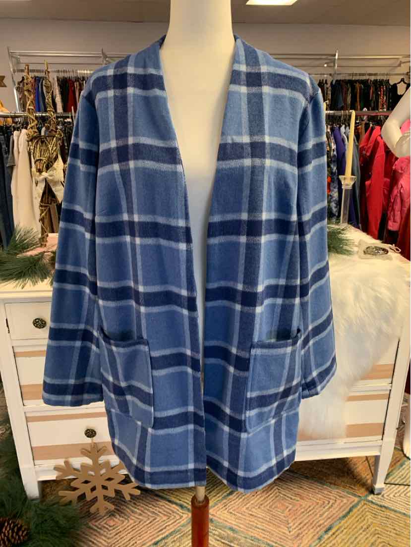 Blue plaid open-front cardigan with long sleeves and relaxed fit on mannequin.