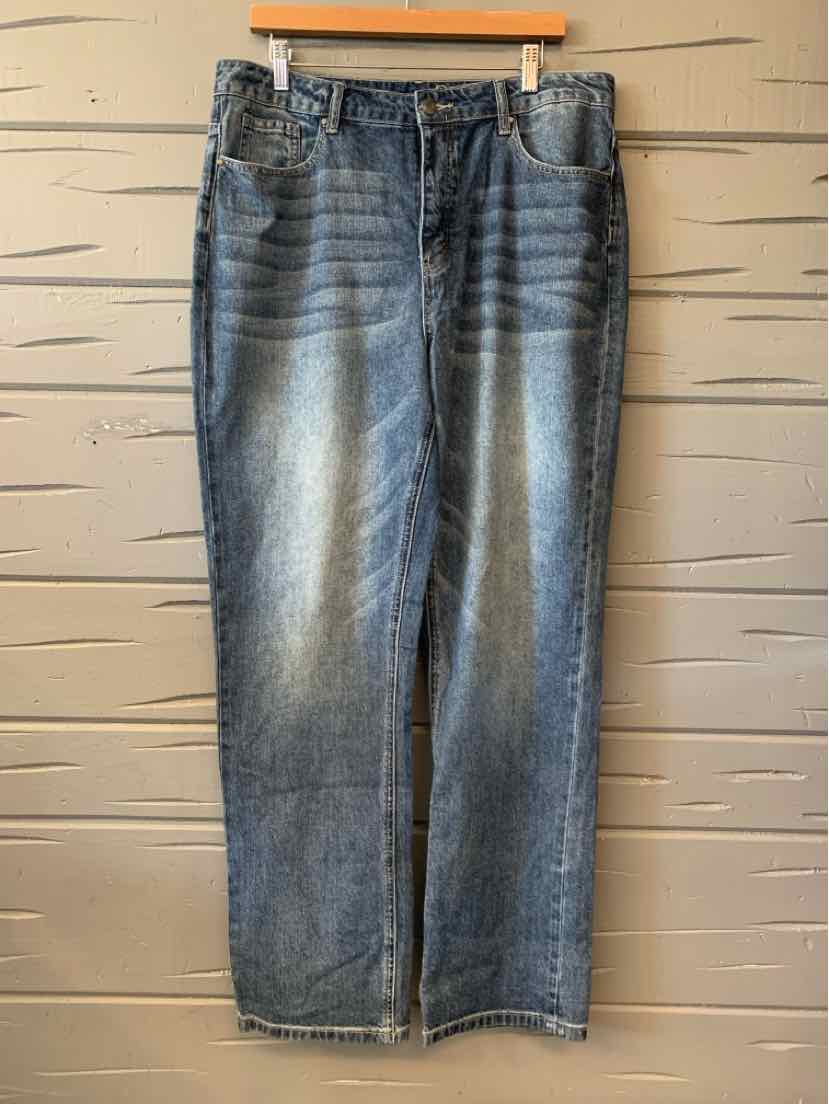Blue faded denim jeans for women with a straight-leg fit and casual style.