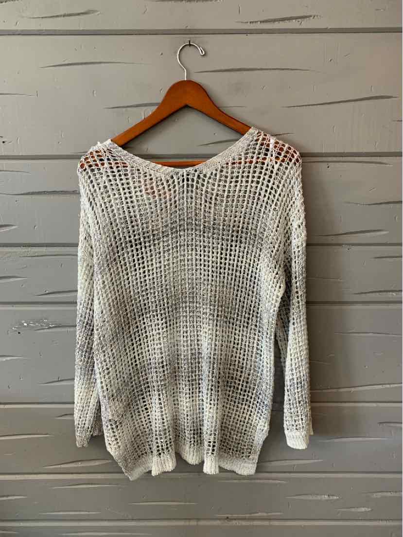 Light gray loosely knit long-sleeve pullover sweater with a wide neckline and relaxed fit.