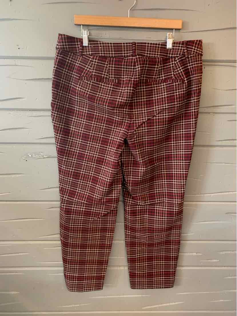 Burgundy plaid cropped pants with straight legs and a fitted waist, size 18.