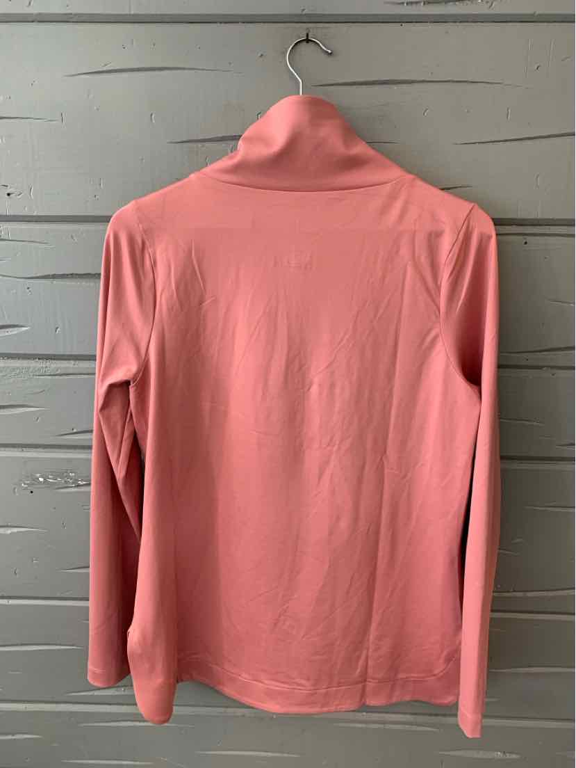 Coral pink long-sleeve top with high collar, lightweight fabric, medium size.