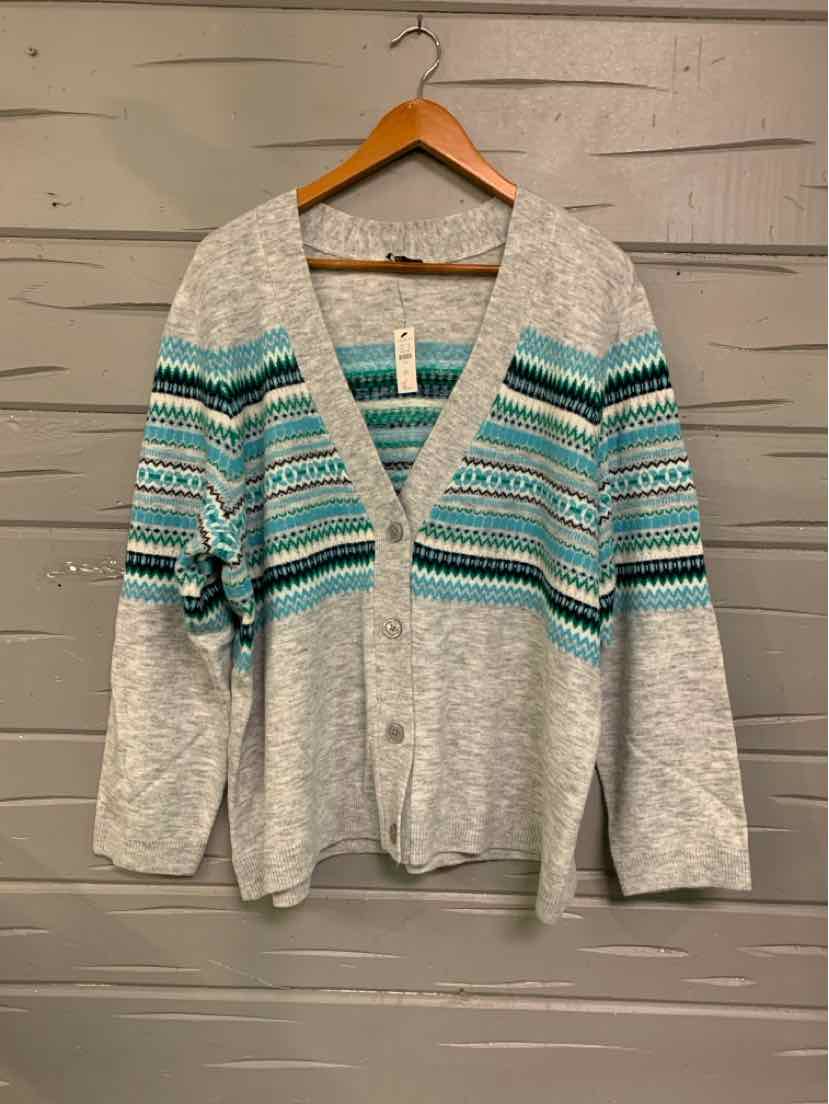 Light gray fair isle cardigan with teal and black horizontal stripes, button-front, size 2X.