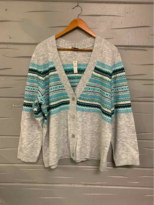 Light gray fair isle cardigan with teal and black horizontal stripes, button-front, size 2X.