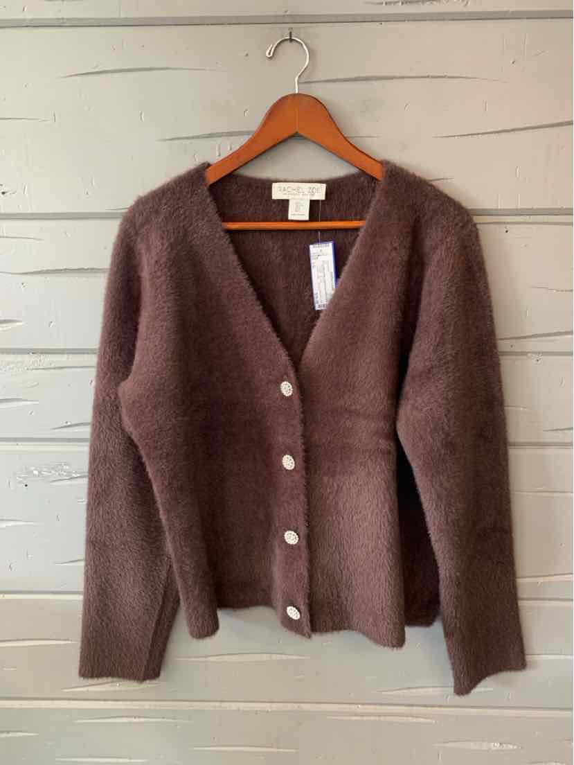 Brown fuzzy knit V-neck cardigan with long sleeves, front buttons, and a relaxed fit on a wooden hanger.