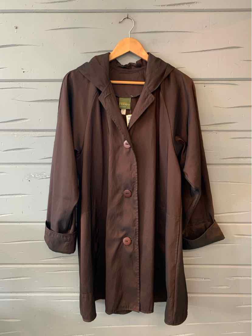 Dark brown long coat with a collar, front buttons, and rolled-up sleeves hanging on a wooden hanger.