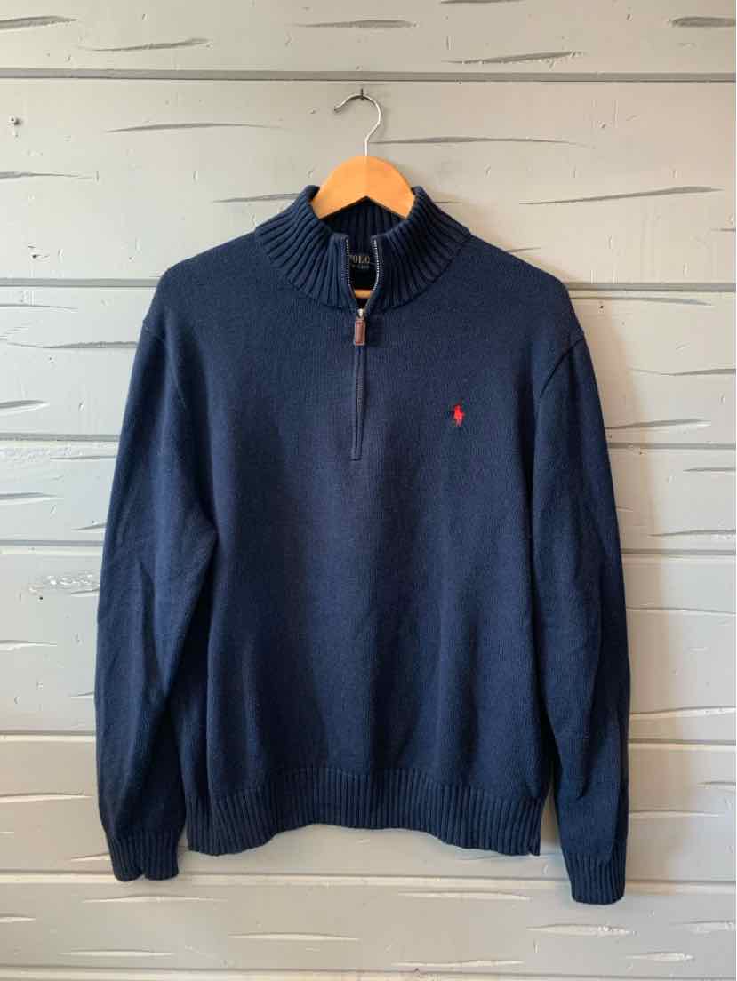 Navy blue half-zip sweater with ribbed collar, cuffs, and hem, featuring small red Polo Ralph Lauren logo on chest.