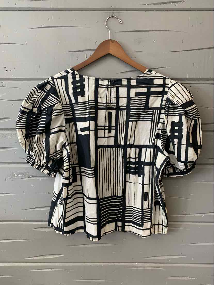 Black and white DKNY blouse with geometric pattern and puffed short sleeves, size XL.