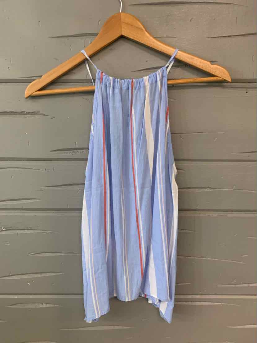 Light blue sleeveless mini dress with vertical white, pink, and navy stripes and thin spaghetti straps.