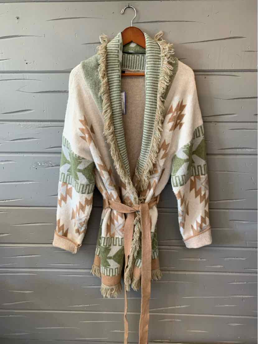 Women’s cream floral robe with wide textured beige trim, tie belt, and fringed ends.