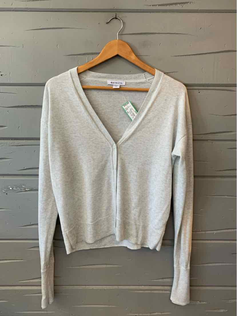 Light gray long-sleeve cardigan with V-neck and button front, lightweight knit fabric.