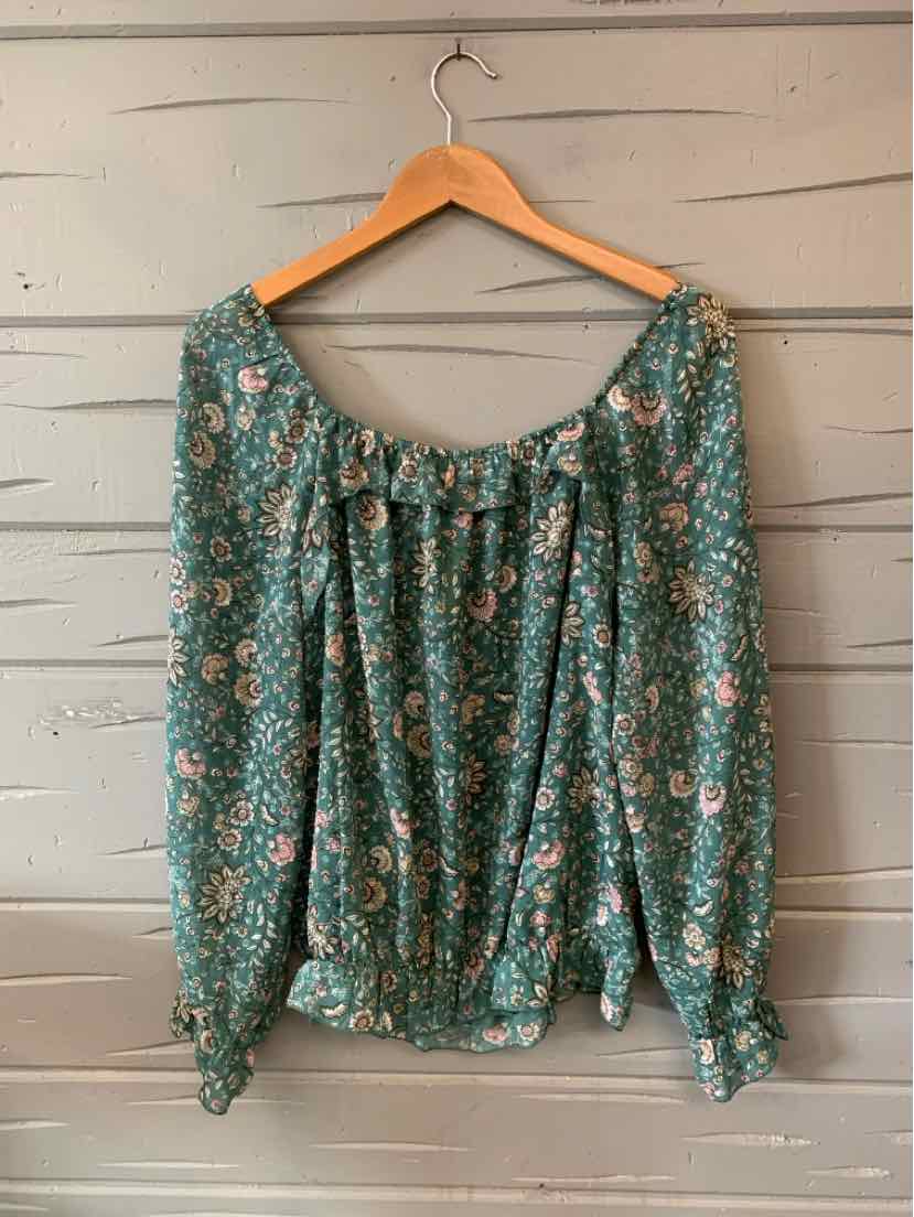 Green floral off-shoulder blouse with long puffed sleeves and elasticized cuffs, size XL.