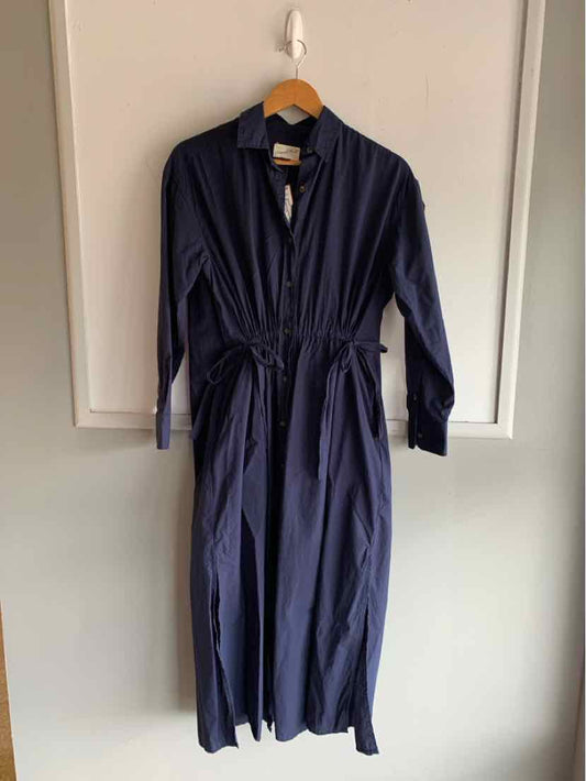 Navy blue long-sleeve shirt dress with button front and adjustable waist tie, midi length.