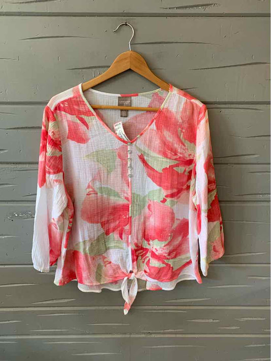 Pink floral button-up blouse with three-quarter sleeves and front tie in size XL.