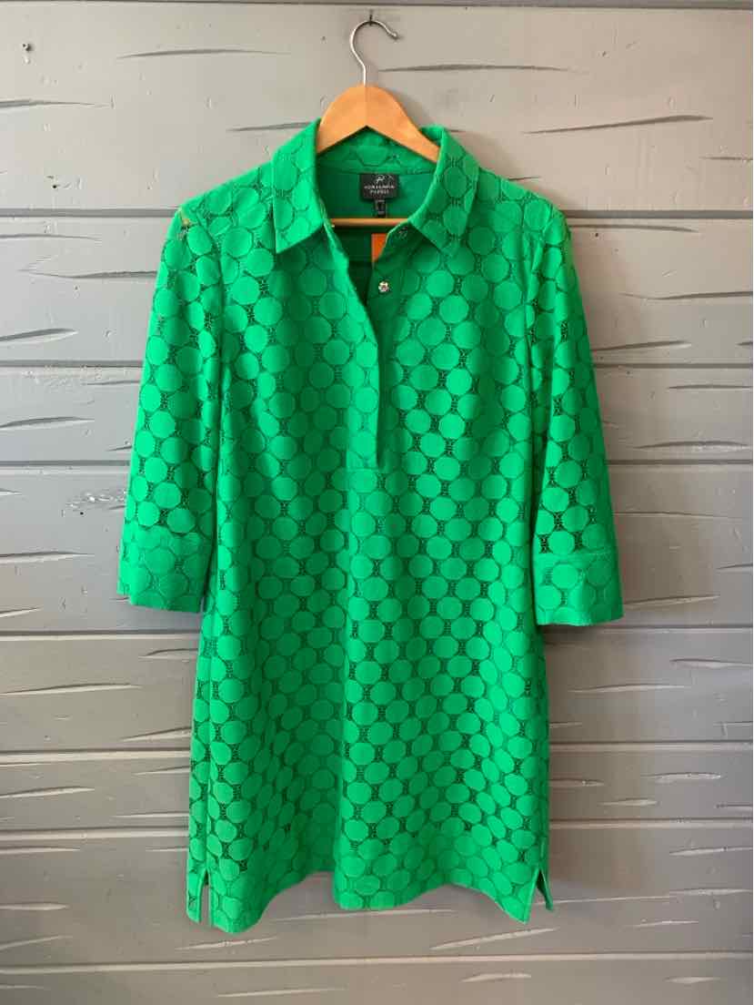 Green lace dress with 3/4 sleeves and a classic collar, size 14.