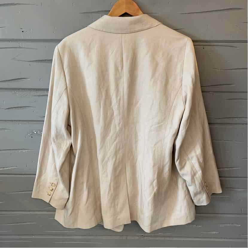 Tan tailored women's blazer with long sleeves and buttoned cuffs, size 16W.