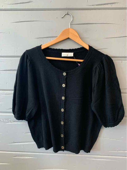 Black knit cardigan with short puff sleeves and round neckline, buttoned front closure, size large.
