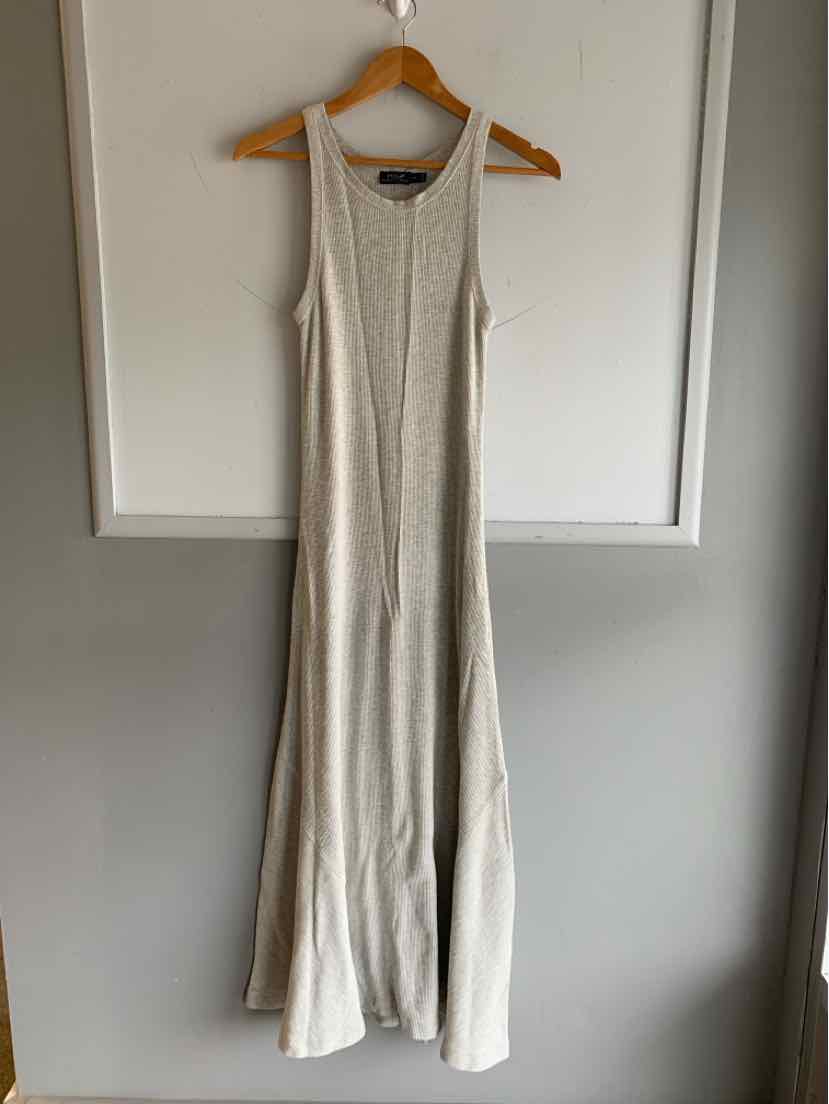 Light gray sleeveless polo-style midi dress with ribbed knit fabric and fitted bodice on wooden hanger.