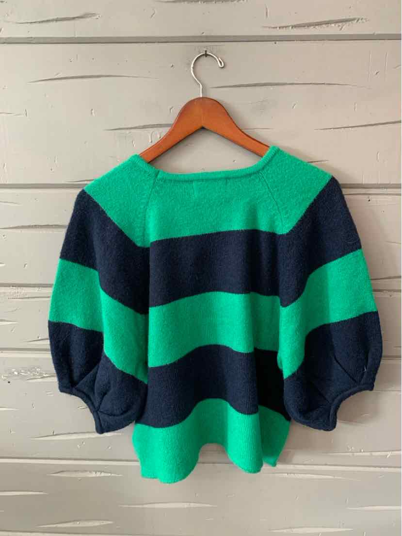 Green and navy wide-striped knit sweater with three-quarter puff sleeves and crew neckline.