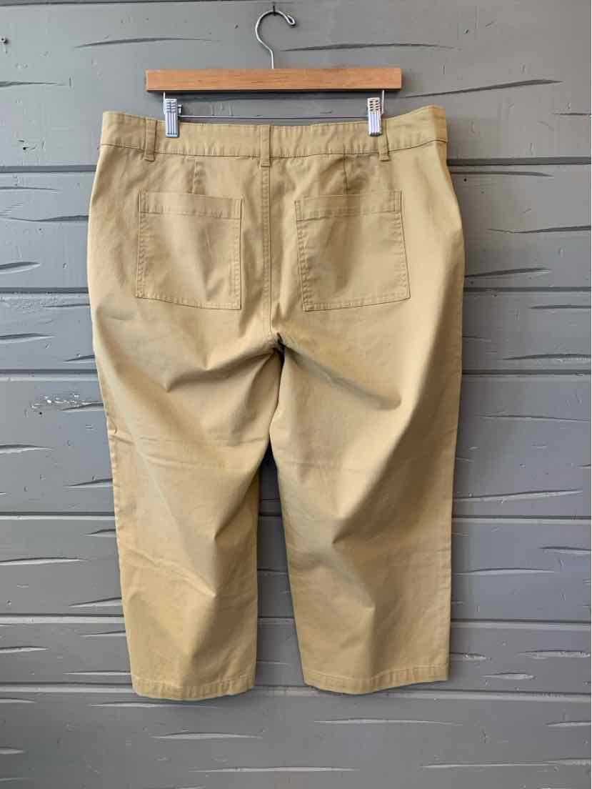 Tan cropped pants in size 16 with back pockets, elastic waistband, and straight leg cut.