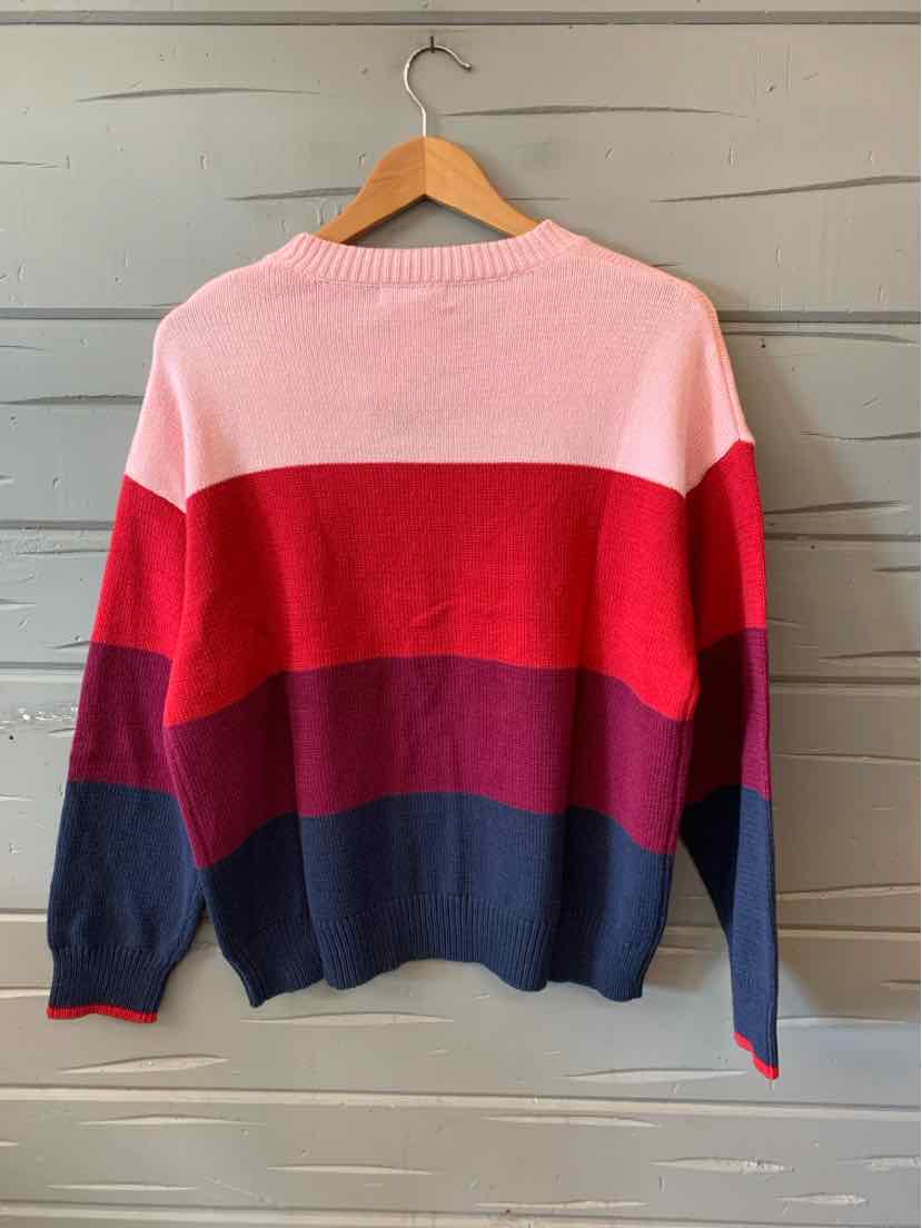 Color block sweater with horizontal pink, red, maroon, and navy stripes, long sleeves, crew neck.