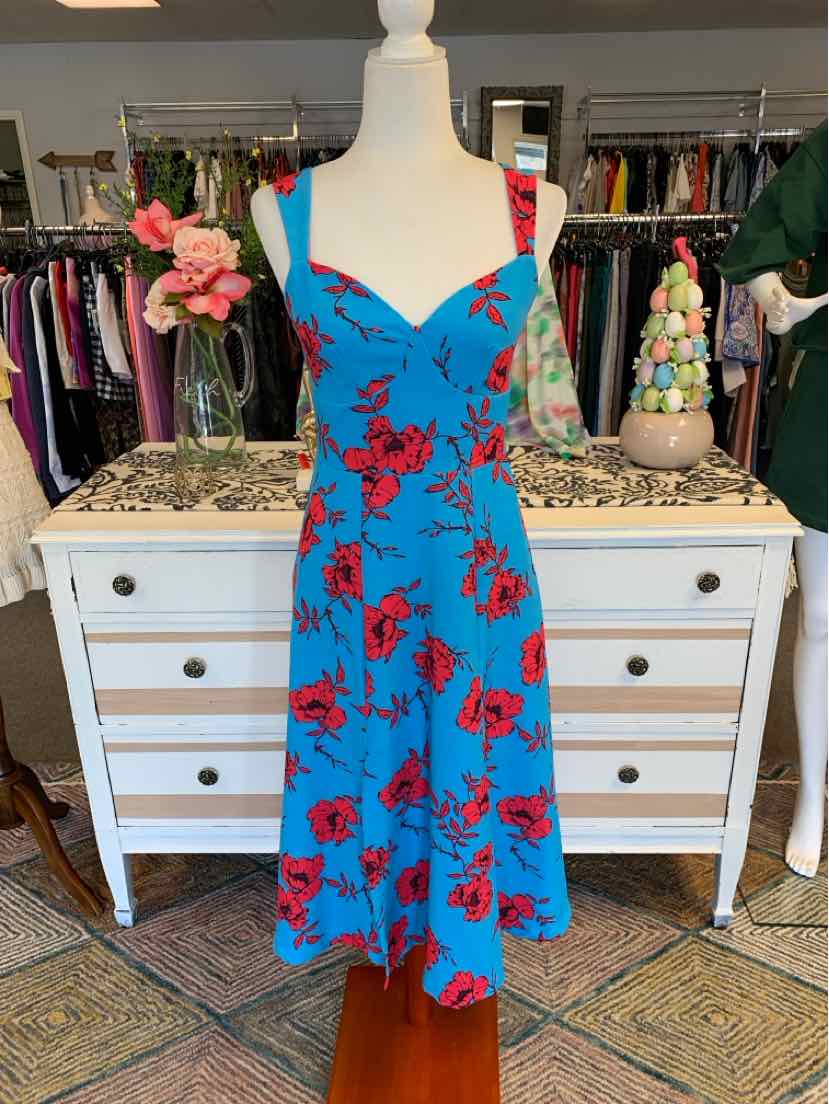 Blue sleeveless dress with red floral print and V-neckline on white mannequin.