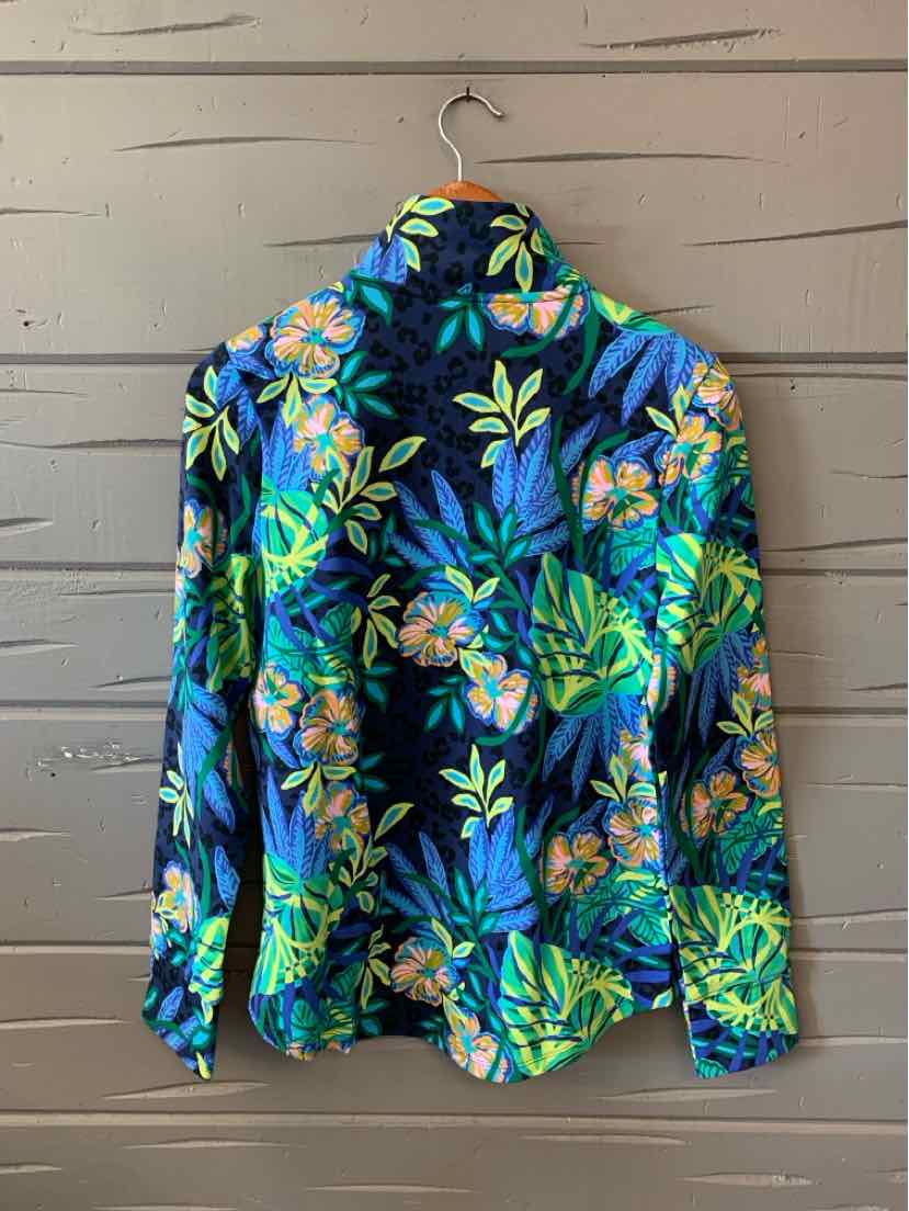 Blue long-sleeve button-up shirt with bright tropical floral print and collar.
