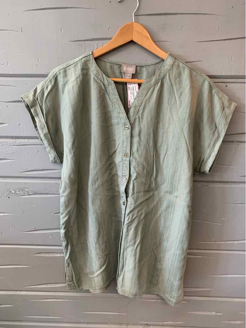 Light green short-sleeve blouse with V-neck and button detail, medium size.