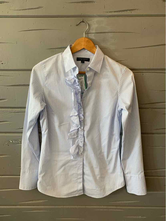 White long-sleeve button-up shirt with ruffled front collar, tailored fit, size 4.