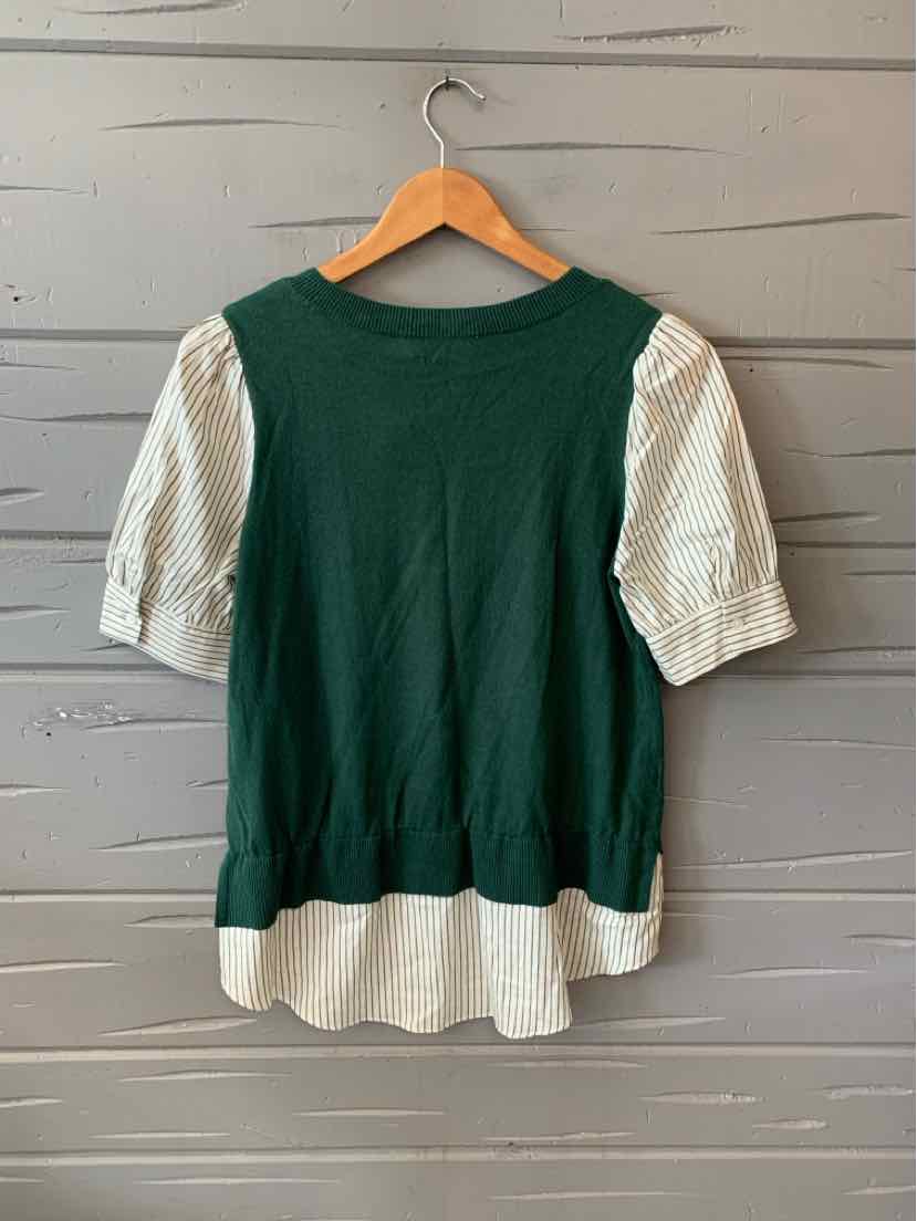 Green knit top with short puffed white sleeves and white hem detail, size small.