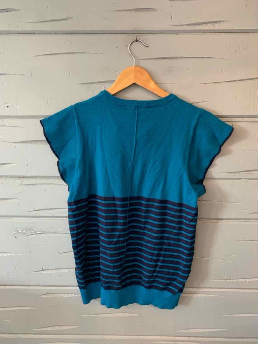Teal blue short-sleeve knit top with horizontal black stripes on lower half, relaxed fit, ribbed hem.