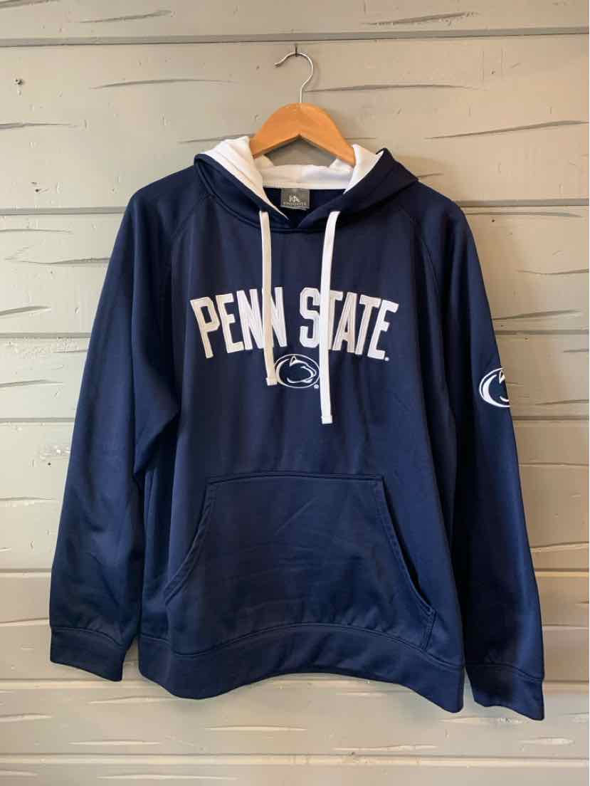 Navy blue hooded sweatshirt with white "PENN STATE" text and logo, white drawstrings, and kangaroo pocket.