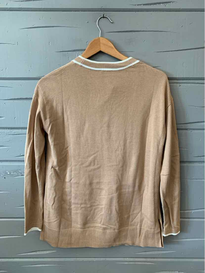 Tan long-sleeve knit sweater with white trim on collar and cuffs, size XS.