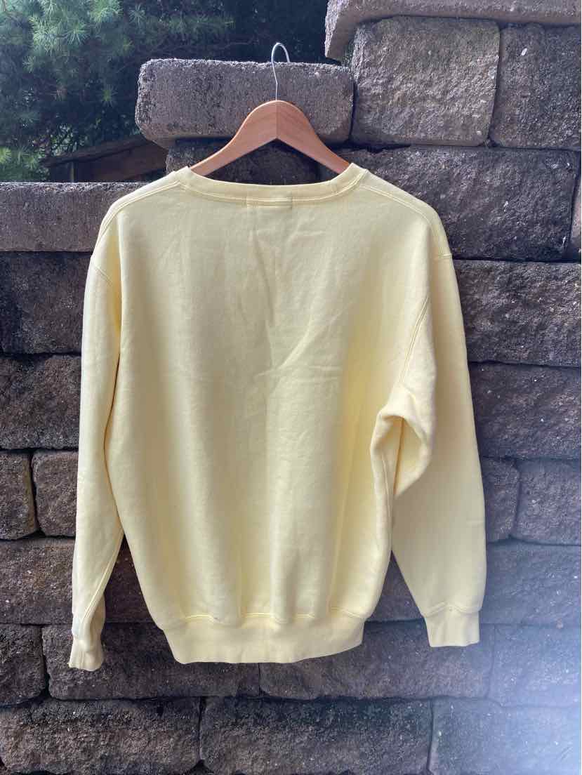 Soft yellow long-sleeve sweatshirt with ribbed cuffs and hem hanging on wooden hanger against stone wall background.