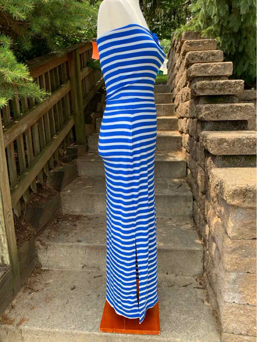 Blue and white horizontally striped sleeveless maxi dress with side slit, fitted silhouette.